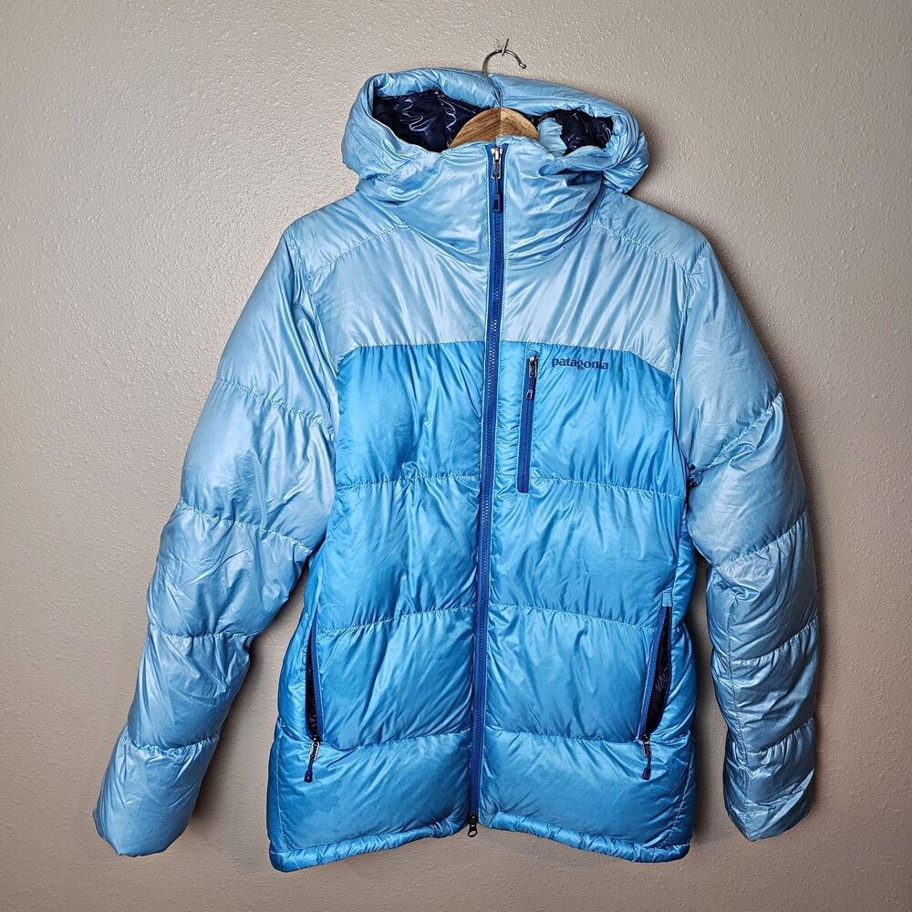 Patagonia Fitz Roy Goose Down Hoody Jacket Womens L Blue Hooded Down Puffer Coat